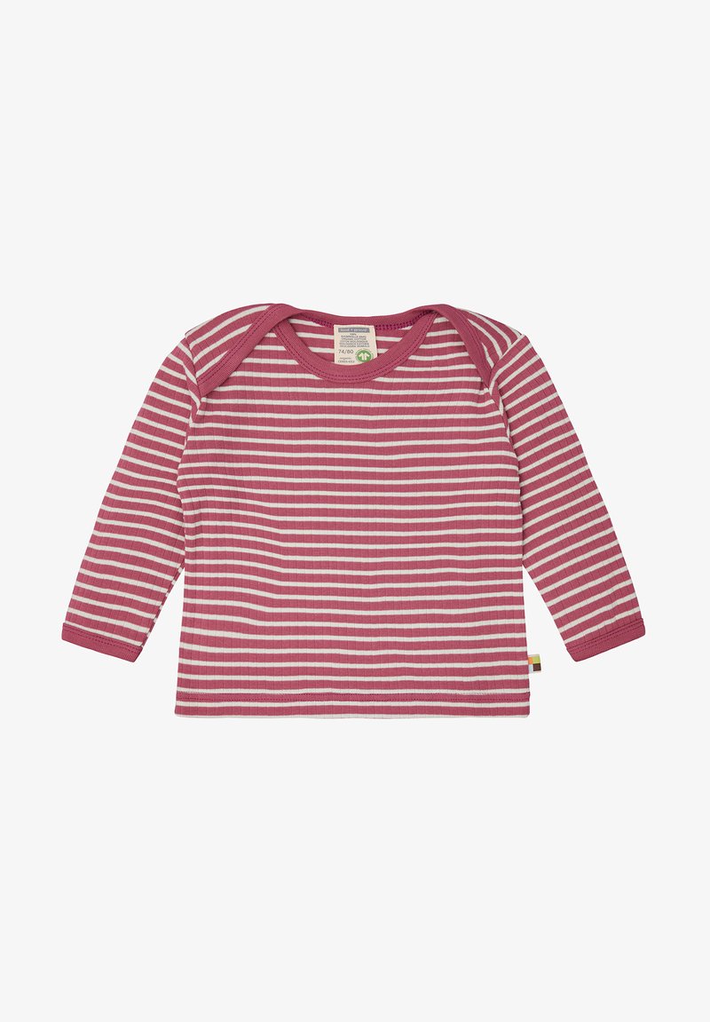 Langarmgestreiftes Hemd in Rosa und Weiß, aus Rippstoff mit rundem Halsausschnitt und kontrastierendem Kragen. Auffälliges Etikett-Detail am Saum.