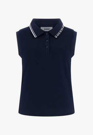 Polo senza maniche blu navy con tre bottoni e colletto con strisce bianche e scritta "GUESS" su un lato.