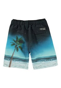 Costumi da bagno da uomo in blu e nero, con stampa di palme e oceano, vita elastica e tasca posteriore con patta.