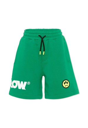 Shorts à taille élastique verte avec cordons noirs, extrémités jaunes, texte blanc "ROW" sur la jambe gauche, et visage souriant jaune avec des crocs sur la jambe droite.