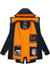 Navy blue jacket with an orange interior, featuring multiple pockets and a hood. Material appears durable with a textured finish.