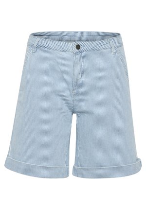 Hellblaue und weiße gestreifte Shorts aus Baumwolle mit umgeschlagenem Saum, vorderen Taschen und einem einzigen schwarzen Knopfverschluss.