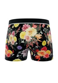 Boxers à motif floral avec un fond noir, des fleurs aux couleurs vives, et une ceinture noire unie avec une couture décorative.