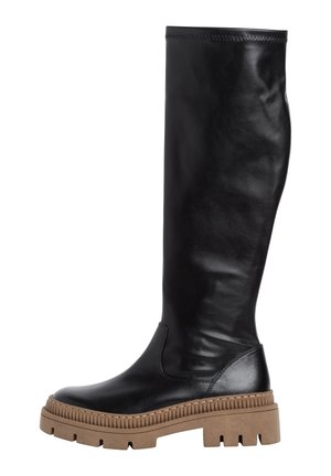 Black leather knee-high boot with a smooth texture, rounded toe, thick tan rubber sole featuring ridged detailing and a side seam.