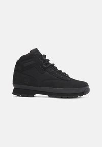 Black hiking boots made of durable suede and nylon, featuring a high collar, hook lacing, and a textured rubber sole for traction.