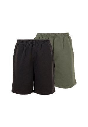 To par afslappede shorts, den ene sort og den anden olivengrøn, begge med elastiske taljebånd og sidelommer.