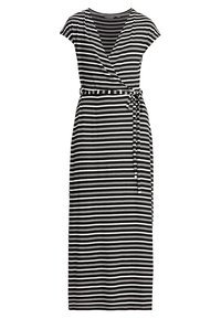 Pruhované maxi šaty v černobílé kombinaci, s designem do zavinování, krátkými rukávy, páskem v oblasti pasu a hladkým textilním povrchem.