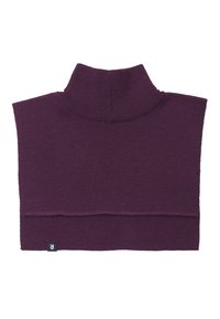 Fioletowy sweter z golfem, krótki fason, z prążkowaną teksturą i metką marki na dole. Gładkie wykończenie, bez wyraźnych wzorów.