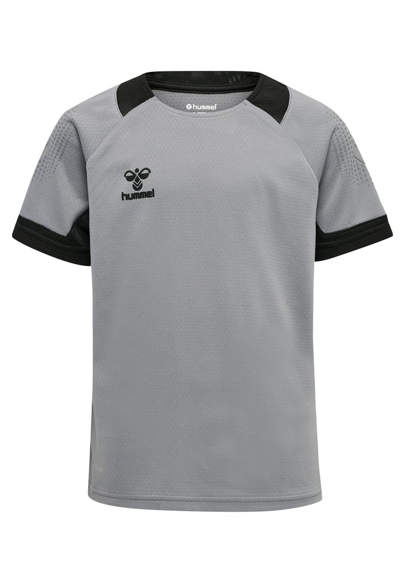 Grijze sport T-shirt met zwarte accenten en een ronde hals. Gemaakt van lichtgewicht stof, met korte mouwen en een gestructureerde afwerking.