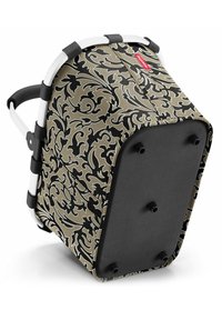 Cesta de almacenamiento con estampado floral en negro y beige, fabricada en un tejido resistente, con un marco de plástico blanco y una base negra sólida con patas de goma.