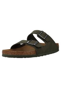 Sandale verzi, cu slip-on, dotate cu două curele ajustabile, o talpă din pluta și o talpă din cauciuc. Au catarame argintii și un material superior texturat.