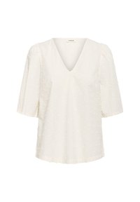 White short-sleeve blouse with a V-neck, featuring textured dots, a relaxed fit, and slight puff sleeves. Soft, lightweight fabric.