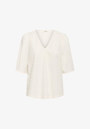 Biela blúzka s krátkym rukávom a výstrihom do V, s textúrovanými bodkami, vo voľnom strihu a s mierne naberanými rukávmi. Mäkka, ľahká tkanina.