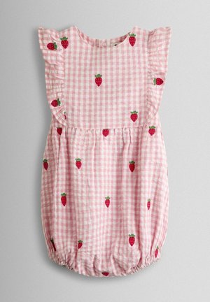 Rózsaszín kockás blúz fodros ujjakkal, hímzett epermintával. Az alsó szegély összehúzott, elasztikus, hogy szabott megjelenést biztosítson.