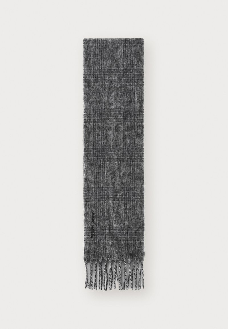 Grey plaid scarf made of soft fabric, featuring a textured pattern and fringed edges for added detail.