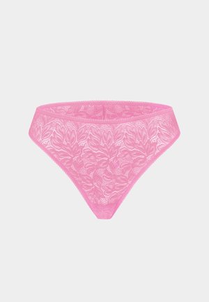 Roze kanten string met bloemmotieven, naadloze randen en een dunne tailleband, ontworpen voor een delicate en comfortabele pasvorm.