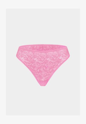 Roze kanten string met bloemmotieven, naadloze randen en een dunne tailleband, ontworpen voor een delicate en comfortabele pasvorm.