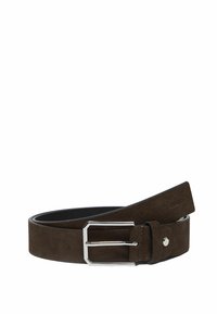 Cintura in suede marrone con fibbia rettangolare in argento, lato interno liscio e dettagli di cucitura. Il design presenta uno stile pulito e minimalista.