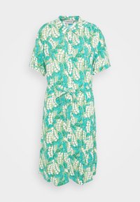 Kurzes Kleid in Grün, mit einem Blumendesign in Türkisblättern und weißen Akzenten. Knopfleiste vorne mit gebundenem Taillenbereich.