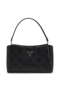 Borsa nera in materiale sintetico con motivo a logo in rilievo, accentuata da un logo metallico triangolare e un manico rotondo singolo. Design con chiusura superiore.