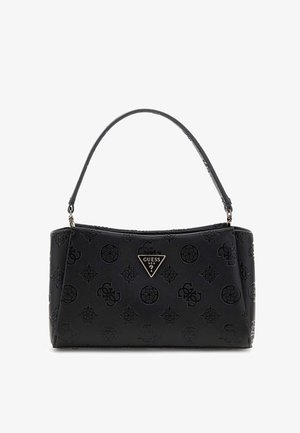 Mustmoodne sünteetilisest materjalist käekott, millel on embosseeritud logoskeem, kolmnurkne metalline logomärk ja ümmargune sang. Suletud ülemise disainiga.