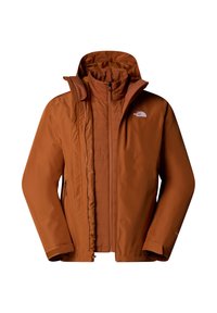 Chaqueta aislante marrón con capucha, que presenta un frente con cremallera, un suave forro interior y bolsillos laterales. El exterior tiene una textura suave y lisa.