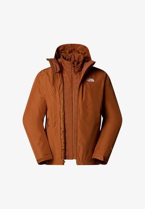 Braune isolierte Jacke mit Kapuze, ausgestattet mit einem Reißverschluss vorne, weicher Innenauskleidung und seitlichen Taschen. Die Außenseite hat einen glatten, strukturierten Stoff.