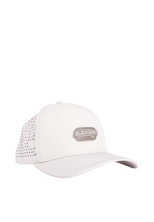 White baseball cap with perforated mesh back and "BLACKSKIES PRO" logo patch on front center.
