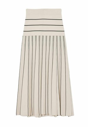 Krém színű pliszírozott midi szoknya fekete vízszintes csíkokkal a derékpánton és fekete függőleges csíkokkal a szoknyatestén.