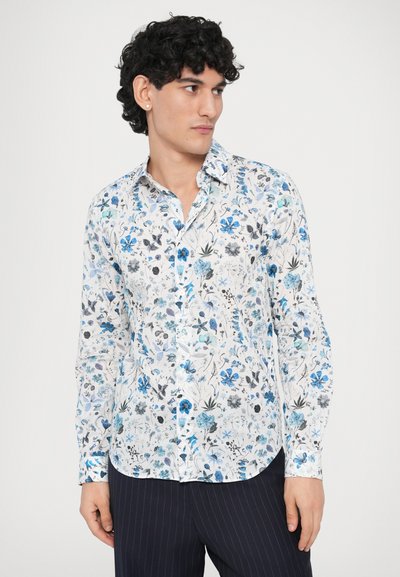 Fehér gombos ing, kék, szürke és fekete virágmintával. Hosszú ujjú, ívelt alsó szegéllyel és kis gallérral.