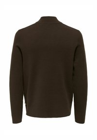 Pull en tricot brun avec col montant, manches longues et fentes latérales à l'ourlet. Texture lisse, sans motifs visibles ni éléments métalliques.