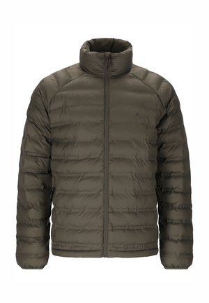 Olivgrüne Steppjacke mit hohem Kragen, durchgehendem Reißverschluss und horizontalem Steppmuster sowie elastischen Bündchen und Saum.