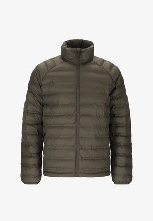 Olivgrüne Steppjacke mit hohem Kragen, durchgehendem Reißverschluss und horizontalem Steppmuster sowie elastischen Bündchen und Saum.