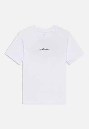 White cotton t-shirt featuring short sleeves, a crew neck, and a small "Jack&Jones" logo in dark green on the chest.