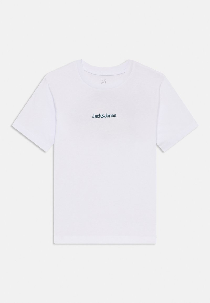 White cotton t-shirt featuring short sleeves, a crew neck, and a small "Jack&Jones" logo in dark green on the chest.