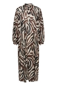 Robe midi à manches longues, boutonnée devant, taille froncée et imprimé zèbre marron, noir et crème.