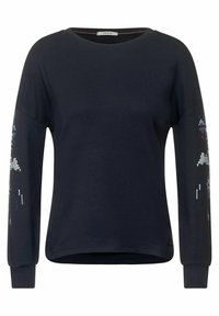 Felpa navy in misto cotone con maniche lunghe, colletto rotondo e dettagli decorativi in paillettes sulle maniche. Morbido al tatto e vestibilità comoda.