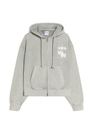 Világosszürke cipzáras kapucnis pulóver kapucnival, elülső zsebbel, húzózsinórokkal és fehér "WW" logóval három csillaggal a bal felső oldalon.