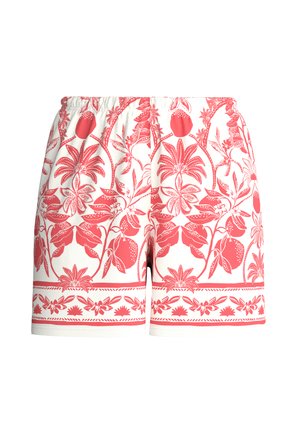 Witte shorts met een elastische tailleband, versierd met rode bloemen- en fruitpatronen en een decoratieve rand vlakbij de zoom.