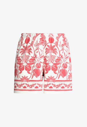 Witte shorts met een elastische tailleband, versierd met rode bloemen- en fruitpatronen en een decoratieve rand vlakbij de zoom.