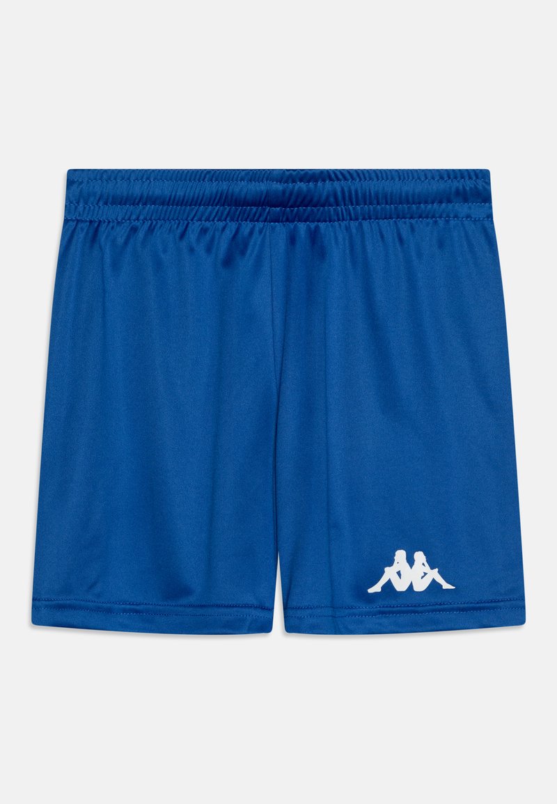 Blå treningsshorts laget av glatte, fukttransporterende stoffer. Har en elastisk midje og en hvit logo nederst til venstre.