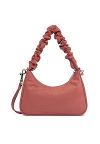 Borsa di colore ruggine con manico corto arricciato e tracolla lunga staccabile, dotata di chiusura a cerniera superiore e hardware argentato.