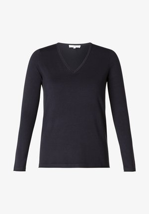 Marineblauwe trui met lange mouwen en V-hals, gemaakt van glad gebreid materiaal; heeft een aansluitende pasvorm en een minimalistisch ontwerp zonder zichtbare patronen.