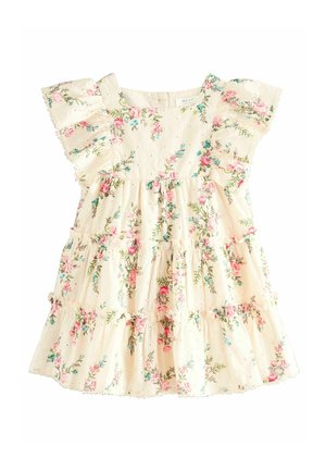 Robe florale avec de courtes manches à volants, fond crème, design superposé, ornée de fleurs roses et bleues, tissu texturé avec un motif à pois.