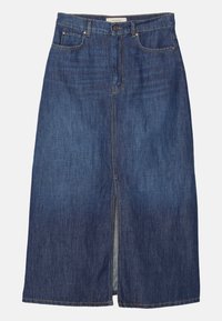 Gonna midi in denim blu scuro. Presenta uno spacco frontale, design classico a cinque tasche e cuciture a contrasto sulle cuciture.