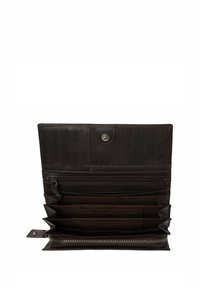 Portafoglio in pelle marrone con più scomparti per carte, un comparto con zip e chiusura a pulsante. Interno strutturato con sezioni organizzate.