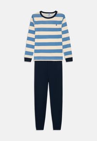 Gestreiftes Baumwoll-Pyjama-Set mit einem langärmligen Oberteil in blauen und cremfarbenen horizontalen Streifen sowie einer marineblauen Hose. Mit einem kleinen Logodetail.