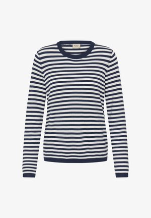 Marineblauw en wit gestreepte trui met ronde hals en lange mouwen, gemaakt van zacht materiaal, met een geribde halslijn en zoom.