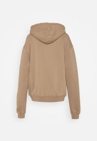 Sweat à capuche marron à manches longues, avec poignets et taille côtelés, présenté de dos sur un fond blanc uni.