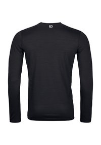 Schwarzes Langarmshirt aus leichtem Stoff. Rundhalsausschnitt und taillierte Passform. Mit verlängerten Ärmeln und kleinem Logo auf der Rückseite.